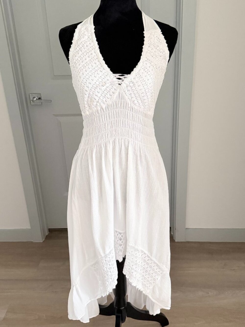 Cotton Natural Halter Dress M White Peruvian Cotton Smocked Boho High Low Beach